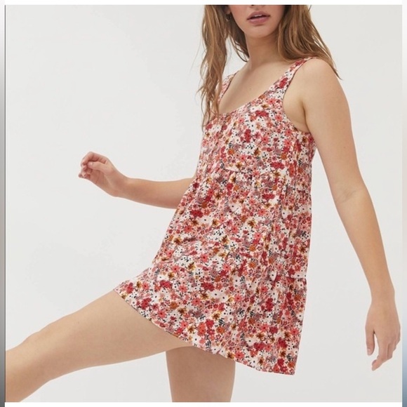 Urban Outfitters Floral Tiered Babydoll Romper Red Pink Orange Boho Festival S - Picture 1 of 7